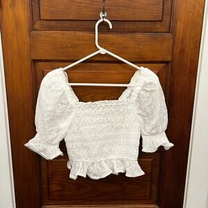 NWT Endless Rose White Embroidered Lace Smocked Puff Sleeve Top Size XS